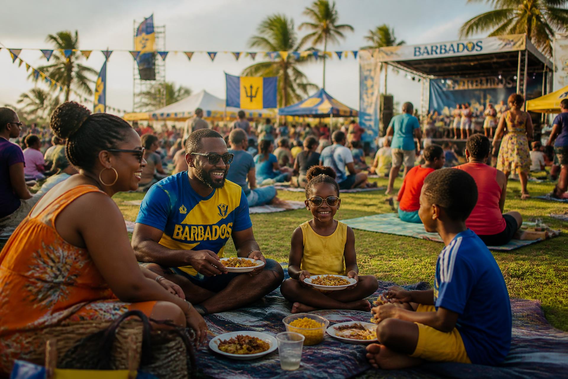 Bajan families sharing food on picnic blankets at an outdoor festival in Barbados